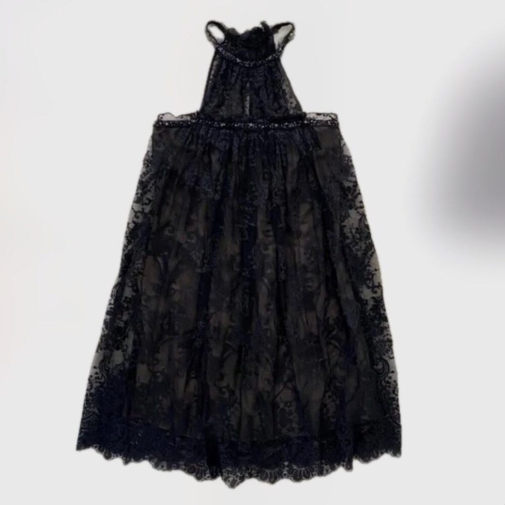 BCBGMaxAzria | Black Lace Silk Rhinestone Embellished Halter Neck Dress (Size 0)